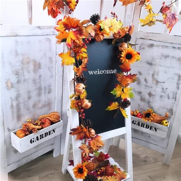 2 Pack Fall Maple Leaf Garland - 6ft/Piece Artificial Berries Sunflower Pumpkin - Picture 7 of 7